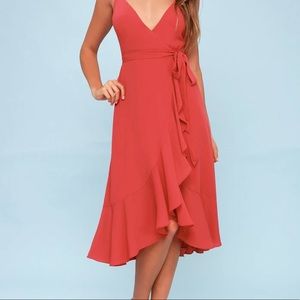 Lulu’s Pink Ruffled Midi Wrap Dress